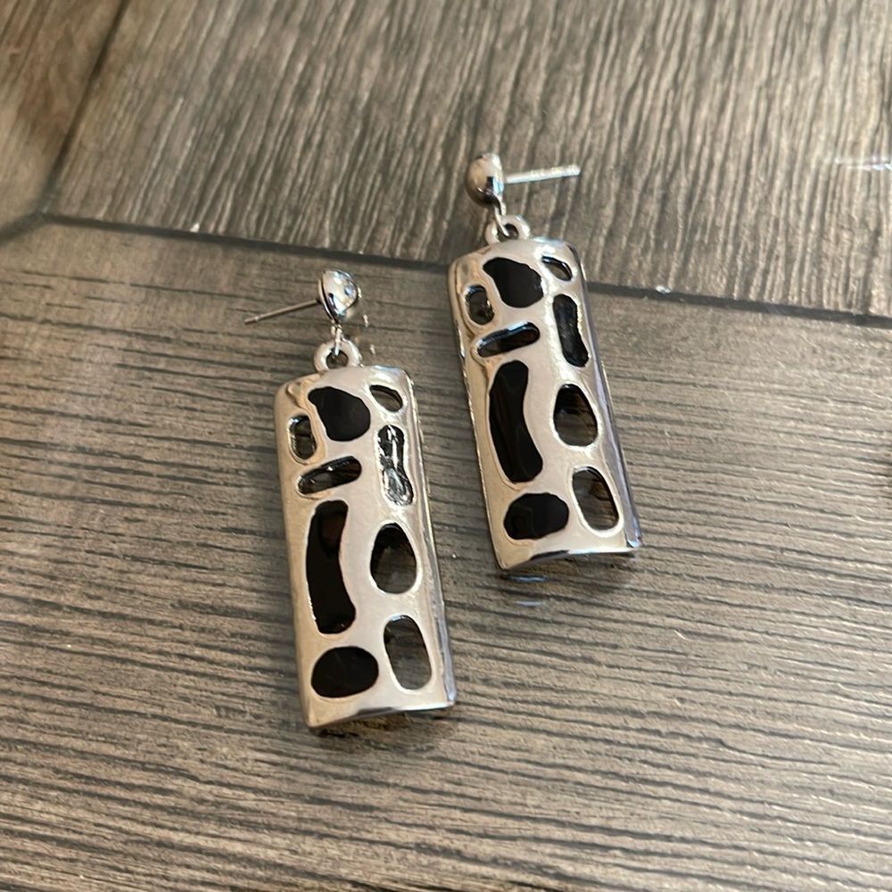 Vintage Silver-Tone Rectangle Dangle Earrings Wit… - image 1